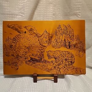 VTG - Handmade Wildlife Engraved Art on Wood Panel - Bobcats
